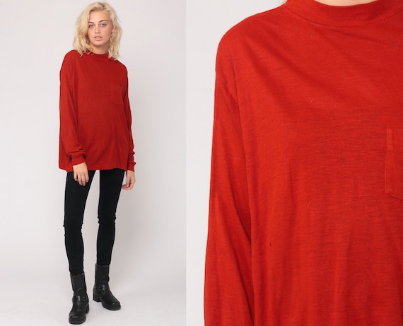 Long Sleeve Shirt Red TShirt 80s T Shirt Burnout Tee Paper Thin Pocket Plain Top Hipster Retro Tee Vintage Large