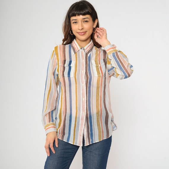 70s Sheer Striped Button Up Shirt Vintage Paper Thin Earth Tone White Blue Disco Button Up Top Bohemian 1970s Long Sleeve Men's Large 16