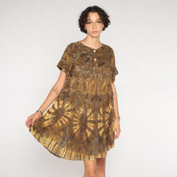Tie Dye Dress 90s Mini Dress Brown Hippie Retro Grunge Empire Waist Tent Flowy Summer Short Sleeve Casual Vintage 1990s Extra Large L XL
