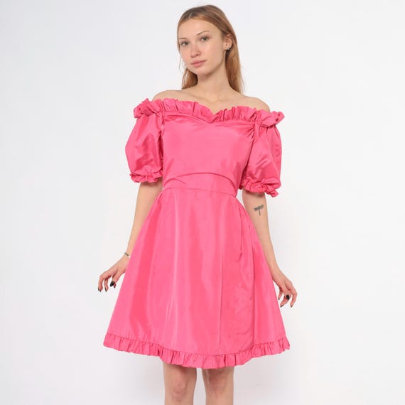 70s Pink Party Dress Off Shoulder Puff Sleeve Ruffle Hem Coquette Barbiecore Prairie Peasant Romantic Vintage Valentines Day Extra Small XS