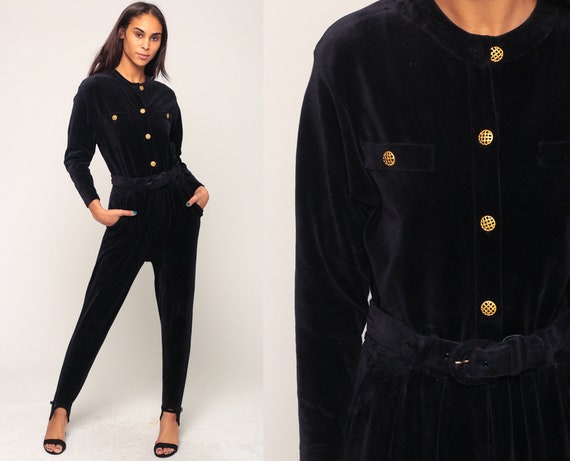 Velour Jumpsuit STIRRUP Jumpsuit 80s Jumpsuit TAPERED Pants Black Pantsuit Belted Button Up Vintage Long Sleeve Romper Pants Small