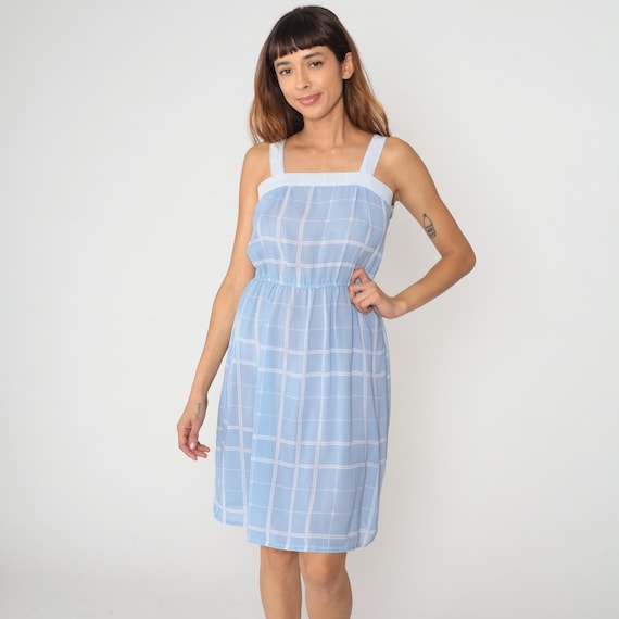 80s Blue Sundress White Windowpane Check Square Neck Tank Straps Elastic Waist Summer Dress Vintage Coquette Fairycore Small S