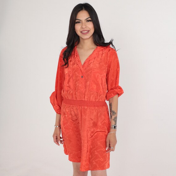 70s Blouson Dress Orange Floral Embossed Mini Dress Smocked Waist Cuffed Roll Tab Sleeve Collared Button Up Retro Vintage 1990s Medium M