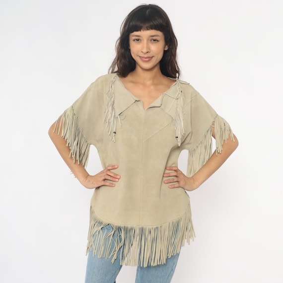Southwestern 80s Leather Fringe Tunic Pioneer Wear Beige Tan Suede Western Vintage Hippie Festival Cream Sleeve Bottom Trim Medium Large M