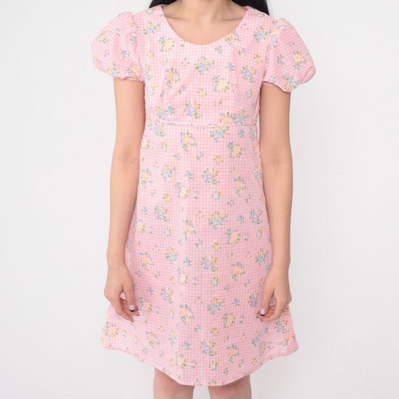 60s Babydoll Dress -- Pink Gingham Floral Mod Min… - image 8