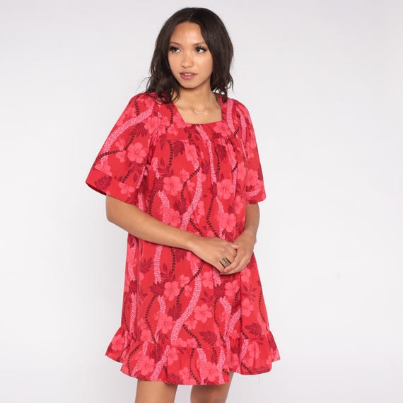 Hawaiian Dress Red 90s Floral Print Square Neck Ruffle Hem Made In Hawaii Tropical Resort Mini Short Sleeve Island Summer Medium M