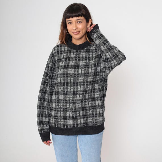 Checkered Sweater 90s Black White Grey Sweater Pullover Knit Sweater Retro Basic Grunge Crewneck Jumper Simple Acrylic Vintage 1990s Medium