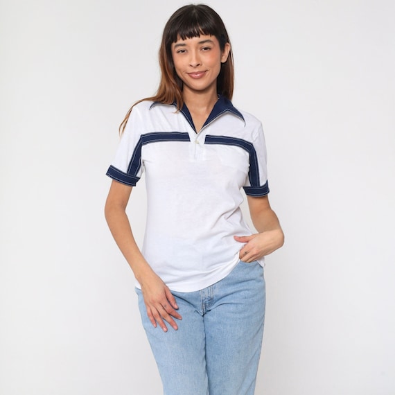 Striped Polo Shirt 70s Collared T-Shirt White Navy Blue Retro Topstitch Short Sleeve Dagger Collar Seventies Button Up Vintage 1970s Small