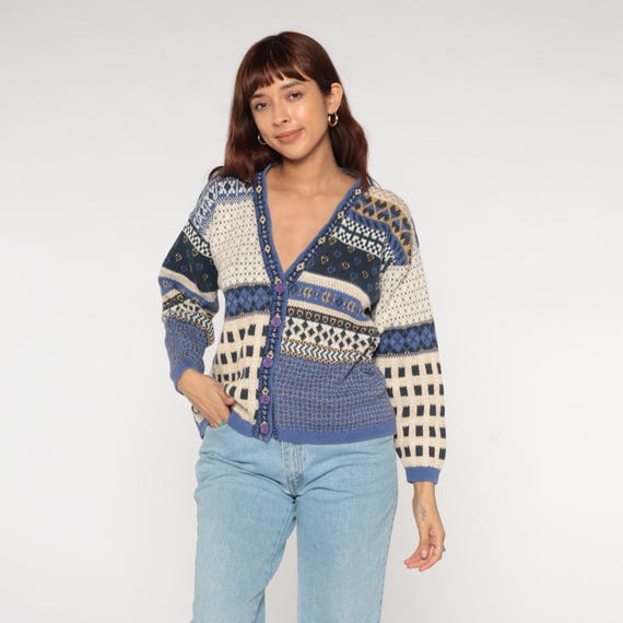 Fair Isle Cardigan 90s Blue Cream Geometric Nordic Button Up V Neck Knit Sweater Patterned Cozy Winter Vintage Cottagecore Hearts Medium M