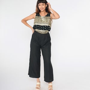 Vintage Metallic Jumpsuit Black Chiffon 80s 90s Gold Embroidered Playsuit Sleeveless Party Romper Going Out Wide Leg 1990s High Waist Small