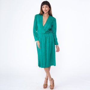 Green Silk Dress 80s Floral Wrap Dress Secretary High Waisted Midi Long Puff Sleeve V Neck Boho 1980s Vintage Long Sleeve Medium image 3