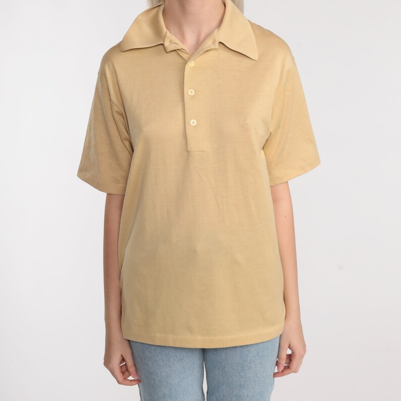 Beige Polo Shirt 70s Half Button Up Shirt Collared Short Sleeve Geek Retro Shirt Plain Vintage 1970s Small image 6