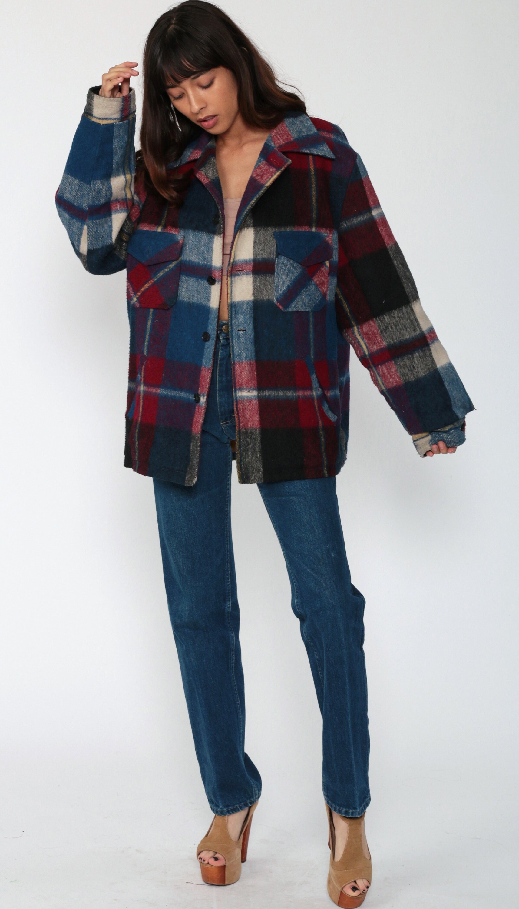 Blue Plaid Jacket Campus Jacket 70s Coat CPO Jacket Lumberjack Button Up Acrylic Vintage 1970s 