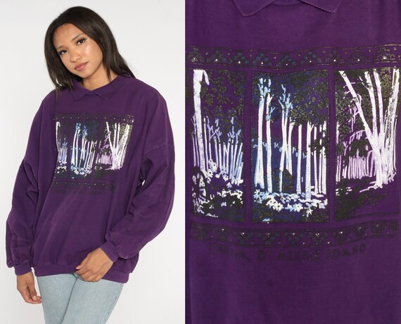 Coeur d'Alene Idaho Sweatshirt 90s Purple Forest Tree Collared Sweatshirt Travel Slouchy Tourist Graphic Cotton Vintage 1990s Extra Large xl