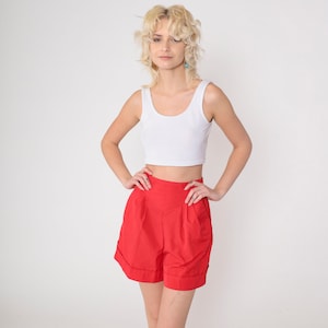 Red Wide Leg Shorts 80s Pleated Trouser Shorts Paper Bag Ultra High Waisted Rise Yoke Waist Preppy Retro Summer Vintage 1980s Small 5