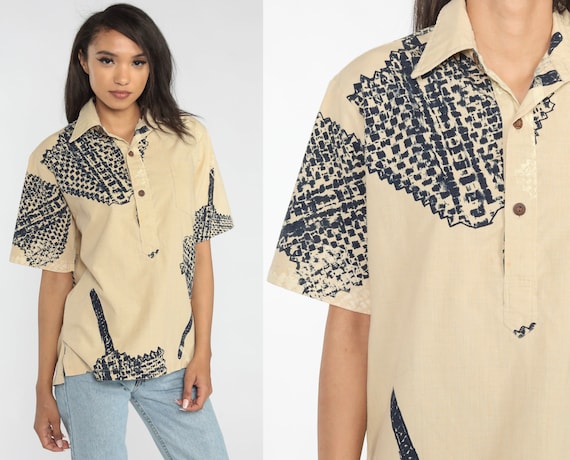 Abstract Print Shirt 70s Tan Geometric Polo Shirt… - image 1