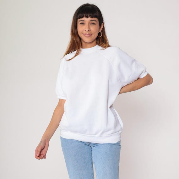 White Short Sleeve Sweatshirt 80s Plain Shirt Slouchy Sweatshirt Raglan Retro 1980s Top Vintage Sports Normcore Large L