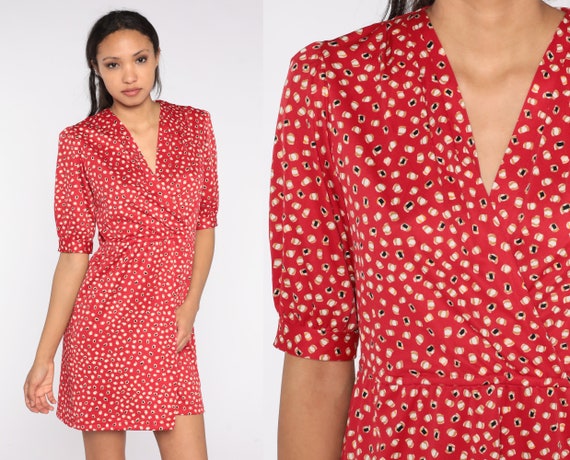 70s Red Mini Dress Abstract Dot Print Dress Retro… - image 1