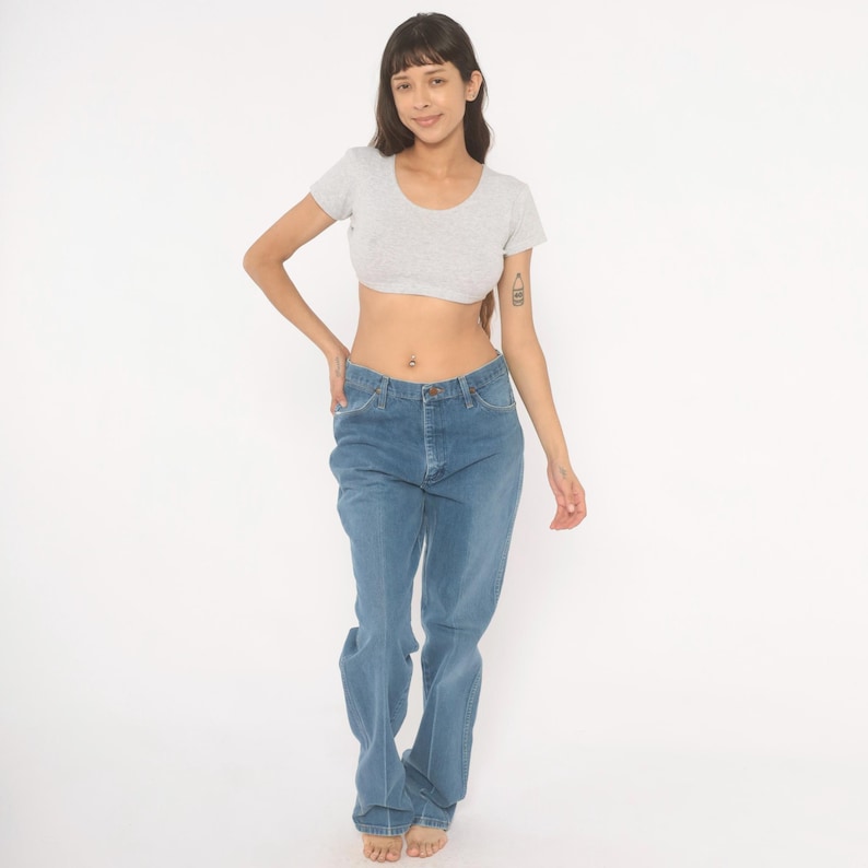 Wrangler Straight Leg Jeans 90s Blue Denim Pants Western Cotton Mid Rise Faded Wash Vintage Trouser Relaxed Fit Medium 34 x 36 image 1