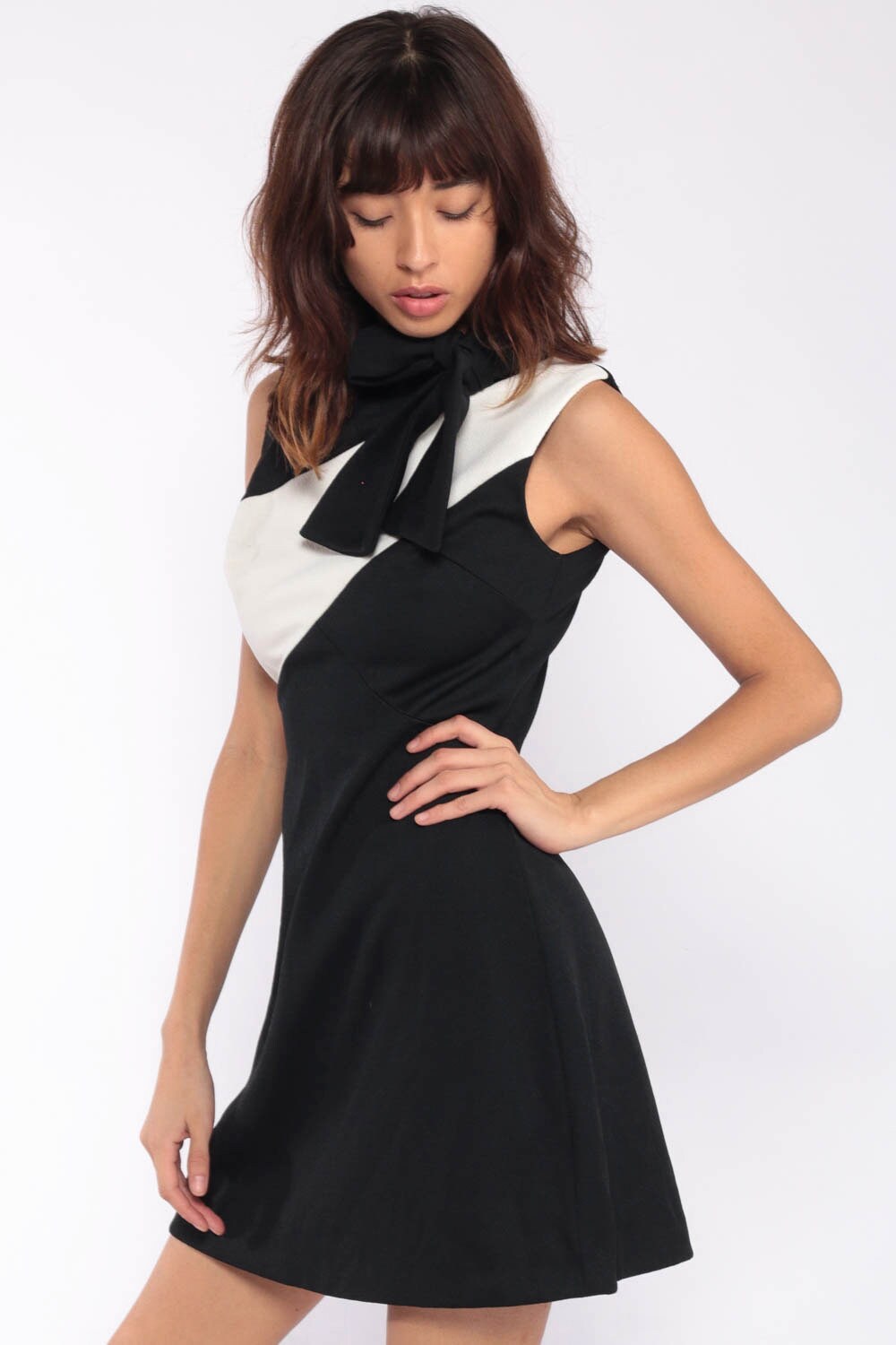 60s Shift Dress Ascot Neck Tie Black Mod Mini Stewardess 1960s White Space Age Vintage 1970s 