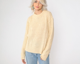 Vintage Wool Blend Sweater 70s Star Design Knit Sweater Cream Chunky Pullover 1970s Crew Neck Knitwear Large L