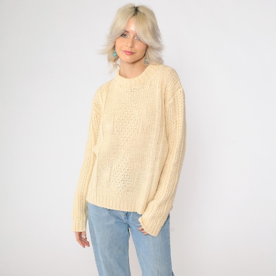 Vintage Wool Blend Sweater 70s Star Design Knit Sweater Cream Chunky Pullover 1970s Crew Neck Knitwear Large L
