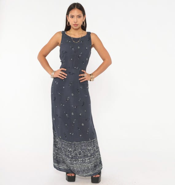 90s Grunge Floral Maxi Dress Border Grey Floral Sleeveless Tie Back Charcoal Slate Geometric Folk Pattern Floor Length Summer Tank Small S