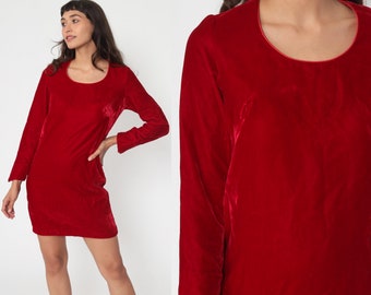 Velvet Mini Dress 60s Mod Party Red Vintage Cocktail Shift Long Sleeve 70s Gogo Formal Lolita Holiday MiniDress Small