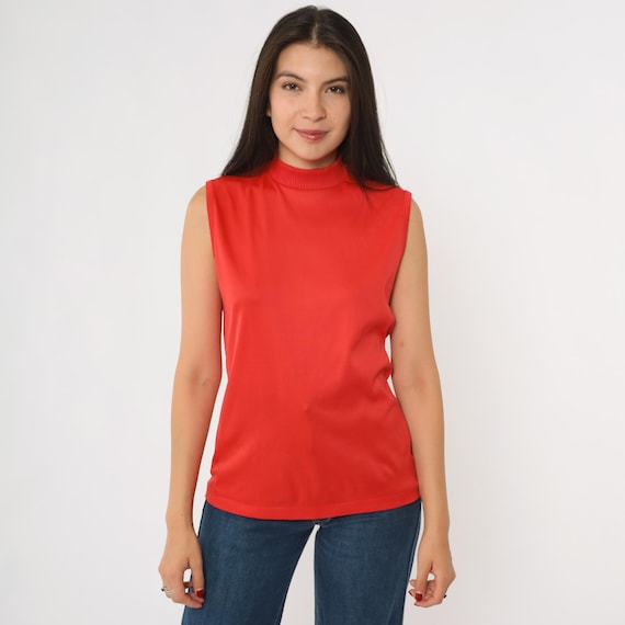 Vintage Red Mock Neck Tank Top 70s Sleeveless Shirt Retro Basic Plain Mod Blouse Mockneck Simple Minimalist Chic 1970s Medium M