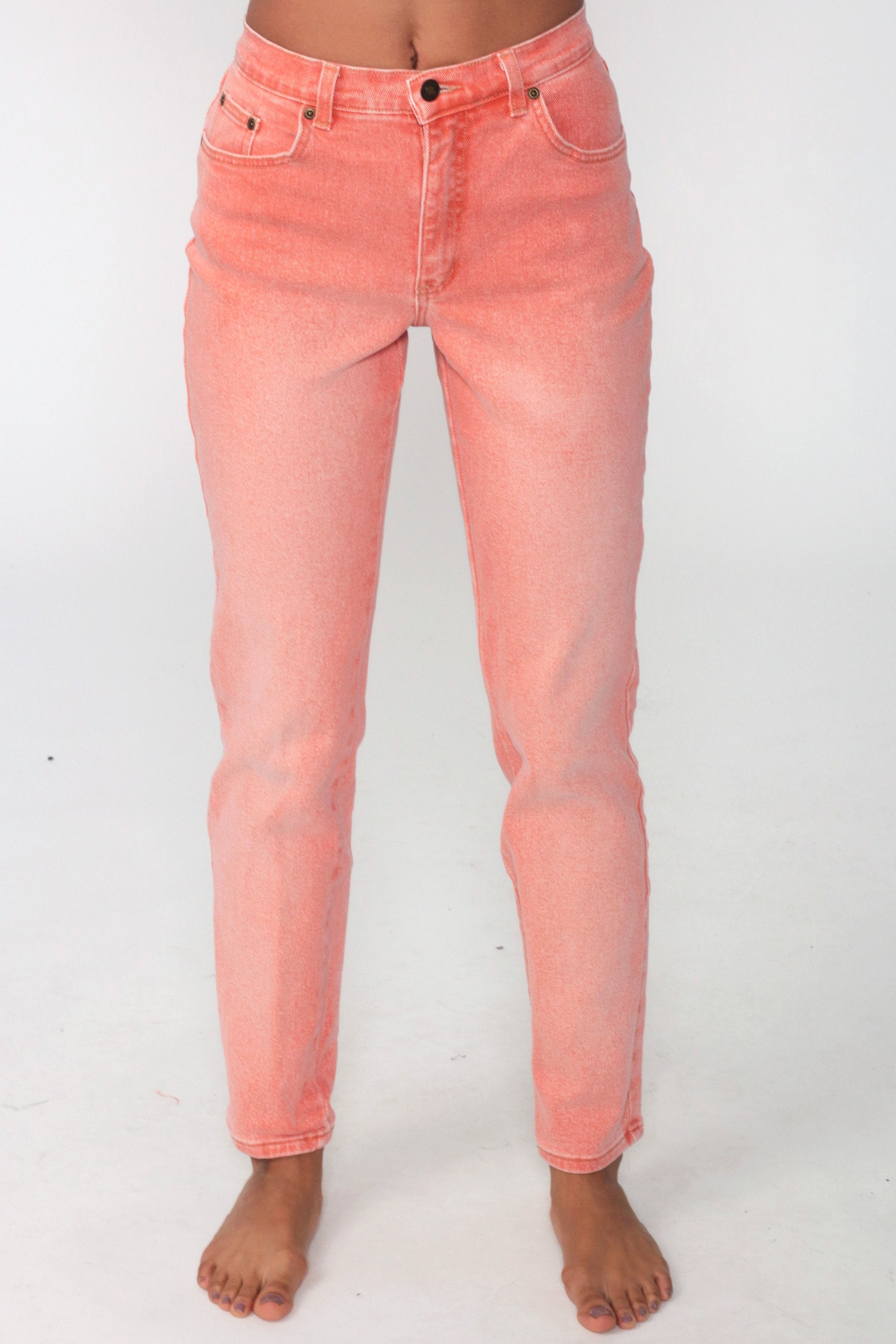 Orange Mom Jeans 90s Tapered COLOR Jeans Mid Rise Stretchy Coral Pants Colored Jeans 1990s