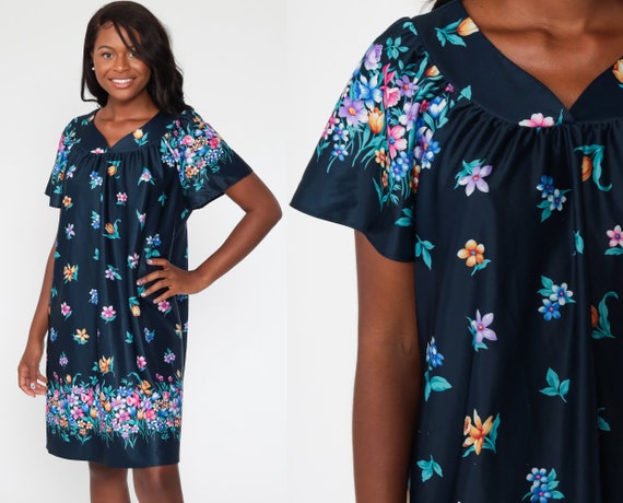 Floral Tent Dress Navy Blue Dress Mini 00s Lounge Dress Tropical Beach Hippie 2000s Shift Boho Vintage Short Sleeve Bohemian Medium