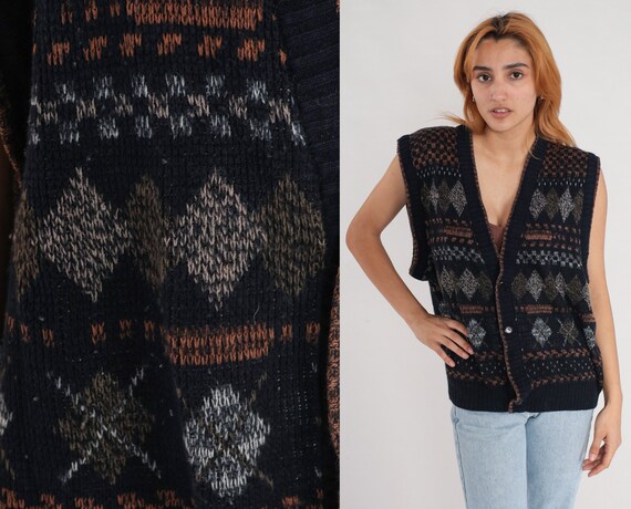 Argyle Sweater Vest Top 90s Black Knit Checkered Sleeveless Sweater V Neck Tank Button Up 1990s Retro Vintage Large L
