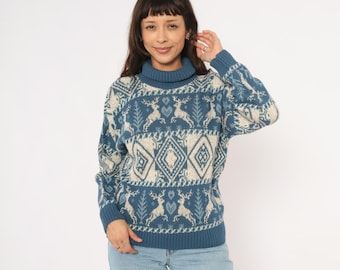 Maglione con cuore di renna anni '90 Nordico Deer Collo alto Blu Crema Fair Isle Maglia Motivo a rombi Pullover Inverno Folk Cottagecore Vintage Small S