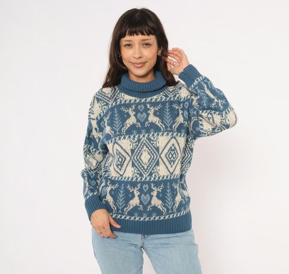 Reindeer Heart Sweater 90s Nordic Deer Turtleneck Blue Cream Fair Isle Knit Diamond Pattern Pullover Winter Folk Cottagecore Vintage Small S