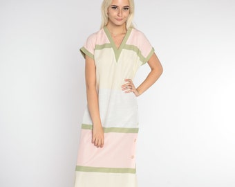 Striped Shift Dress 70s Midi Dress Pastel Cream Pink Green Grey Color Block Day Retro Casual Short Sleeve V Neck Vintage 1970s Medium