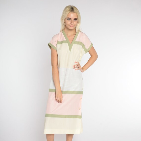 Striped Shift Dress 70s Midi Dress Pastel Cream Pink Green Grey Color Block Day Retro Casual Short Sleeve V Neck Vintage 1970s Medium