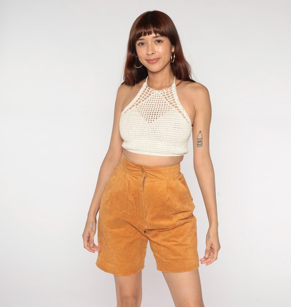 90s Leather Shorts High Waisted Tan Brown Camel Mustard Suede Vintage Pleated Tailored Bermuda Summer Minimalist Preppy Western Medium M