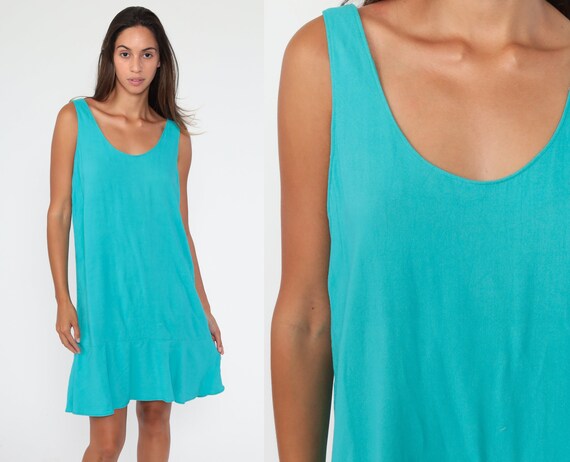ShopExile Turquoise Jumper Dress 90s Mini Blue Pinafore Shift 1990s Grunge Shift Dress Vintage Minidress Sleeveless Medium