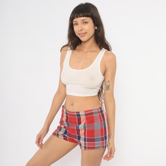 Reversible Plaid Shorts 50s Jantzen Red Navy Cotton Low Rise Side Zipper Short Inseam Tartan Check Summer  Vintage Womens Medium M