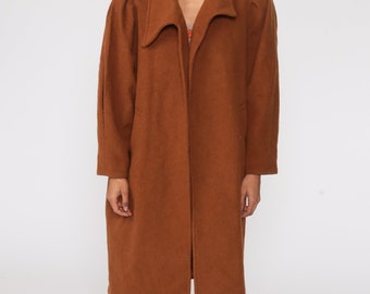 Brown Wool Jacket 80s Long Coat Puff Sleeve Winter Coat