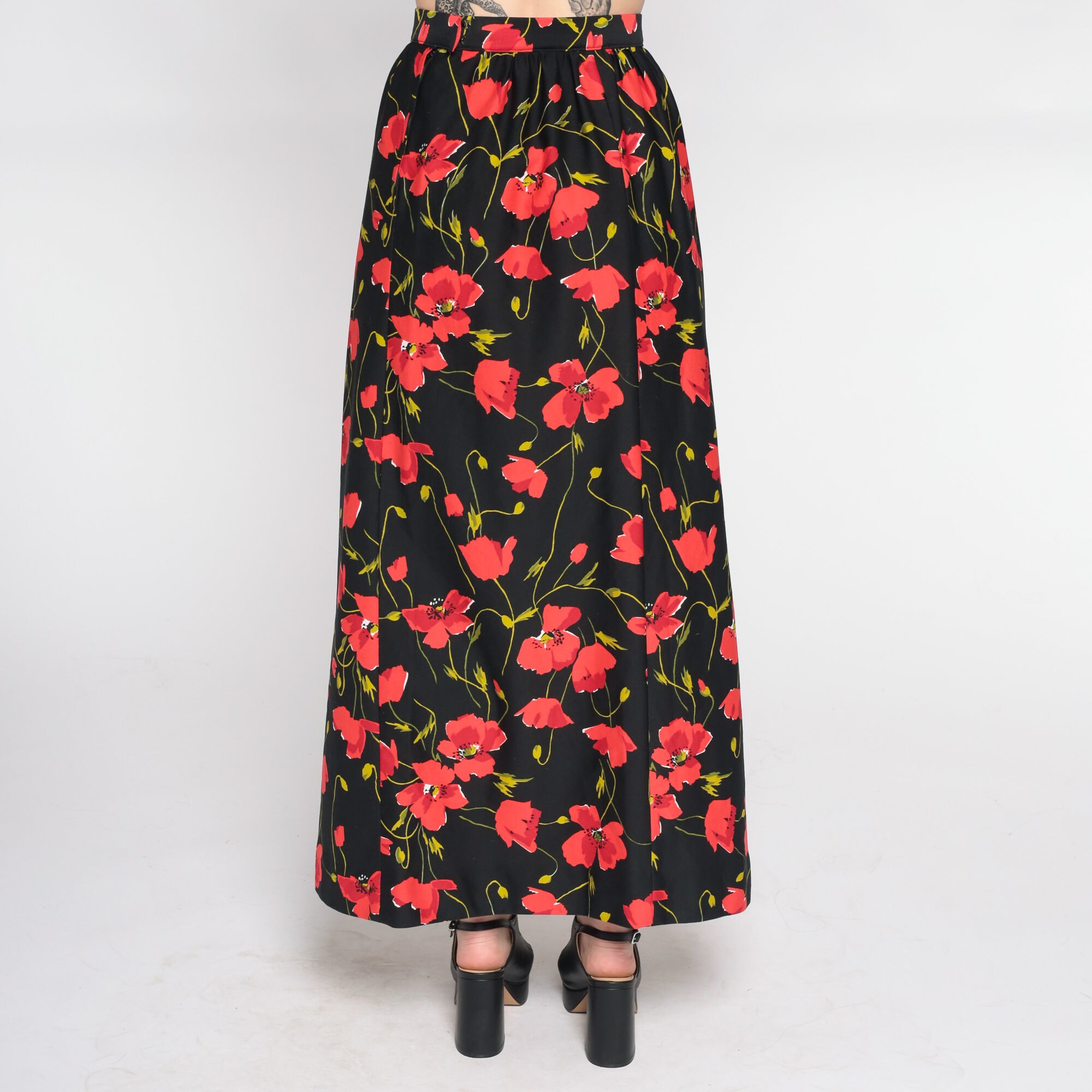 90s Floral Skirt Black Red Poppy Skirt 90s Maxi Boho Straight