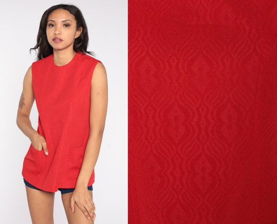 70s Tank Top Red Pocket Shirt Embossed Geometric Blouse Retro Sleeveless Shirt Mod Top Bohemian 1970s Vintage Polyester Small S