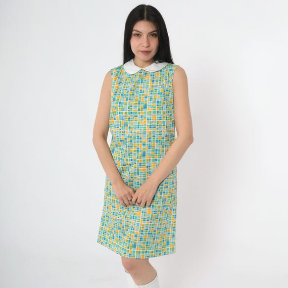 Vintage Mod Peter Pan Dress 60s Geometric Mini Dolly Collar 1960s Sleeveless Shift Green Blue Print Twiggy Gogo MiniDress Small 4
