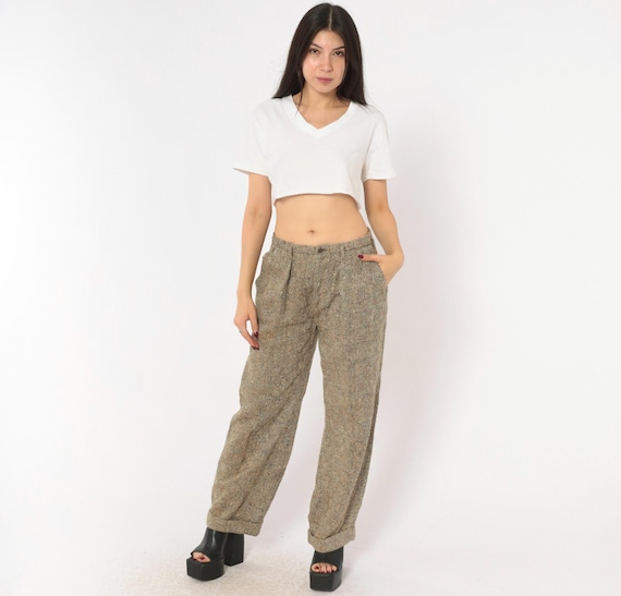 70s Herringbone Tweed Trousers Wool Pleated Pants Tan Cream Wide Leg Tapered High Rise Academic Collegiate Slacks Vintage Bottoms Medium M
