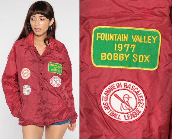70s Baseball Jacket Burgundy Softball PATCH Jacket Orange County Coach Jacket 1976 Olympics Snap Up Vintage 1970s Fountain Valley Medium