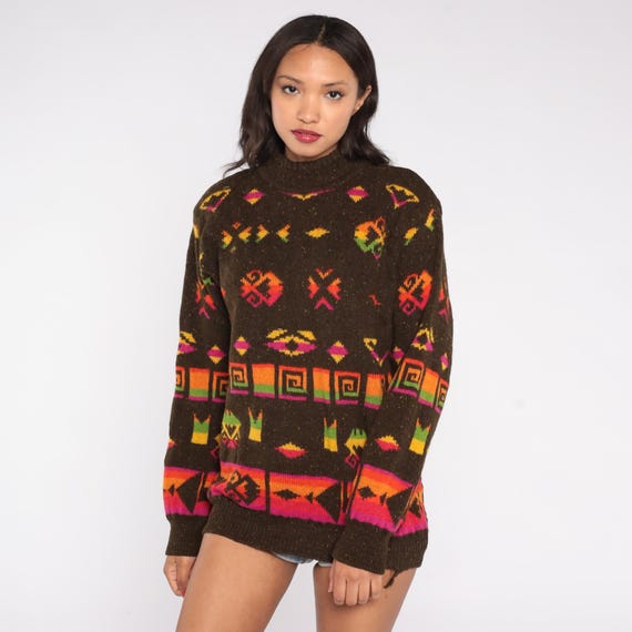 90s Southwestern Sweater Grunge Distressed Brown Orange Pink Aztec Geometric Pattern Mock Neck Wool Blend Alternative Western Ranch Medium M