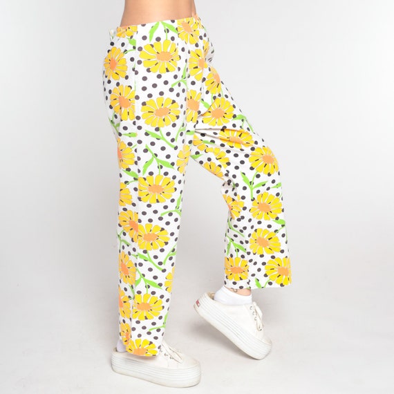 Floral Straight Leg Pants 70s White Polka Dot Pants Bohemian Pants Hippie Trousers High Waisted Boho Festival Yellow Medium