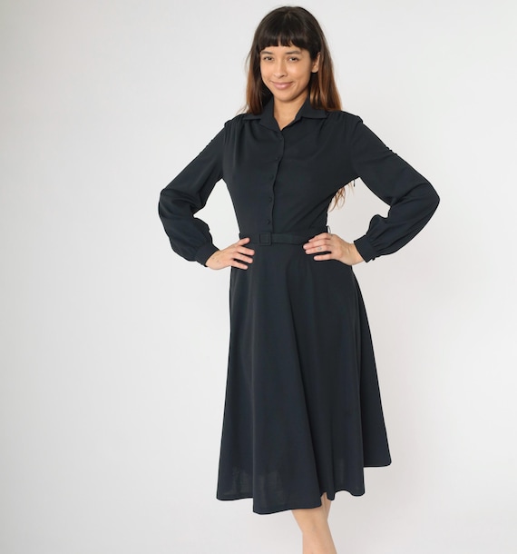 70s Black Midi Dress Vintage Shirtdress Button Up Day Dress High Waisted Belted Retro Dress Collared Plain Simple Long Sleeve 1970s Small S