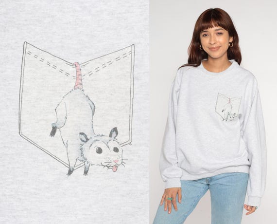 Possum Sweatshirt 90s Gray Heather Pocket Graphic Crewneck Cute Animal Print Quirky Faux Pocket Print Novelty  Large L