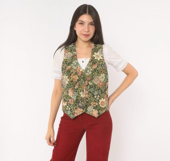 Floral Tapestry Vest 90s Button Front V Neck Sleeveless Olive Green Pink Woven Jacquard Top Cottagecore Garden Di Di Scott Vintage Small S